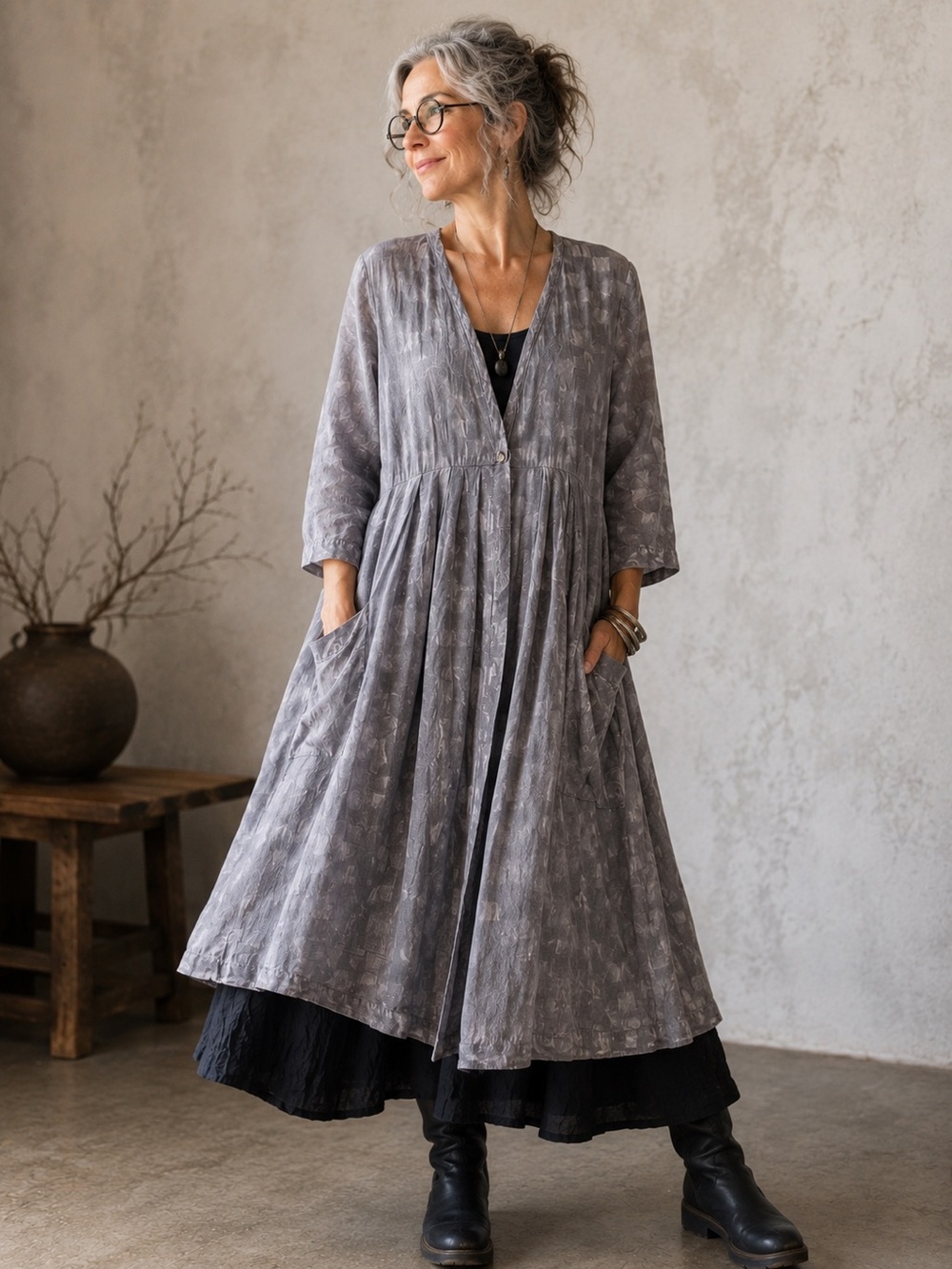 Chalet et Ceci Gray Checkered Weave Rayon Lagenlook Dress Tunic Size Medium NEW